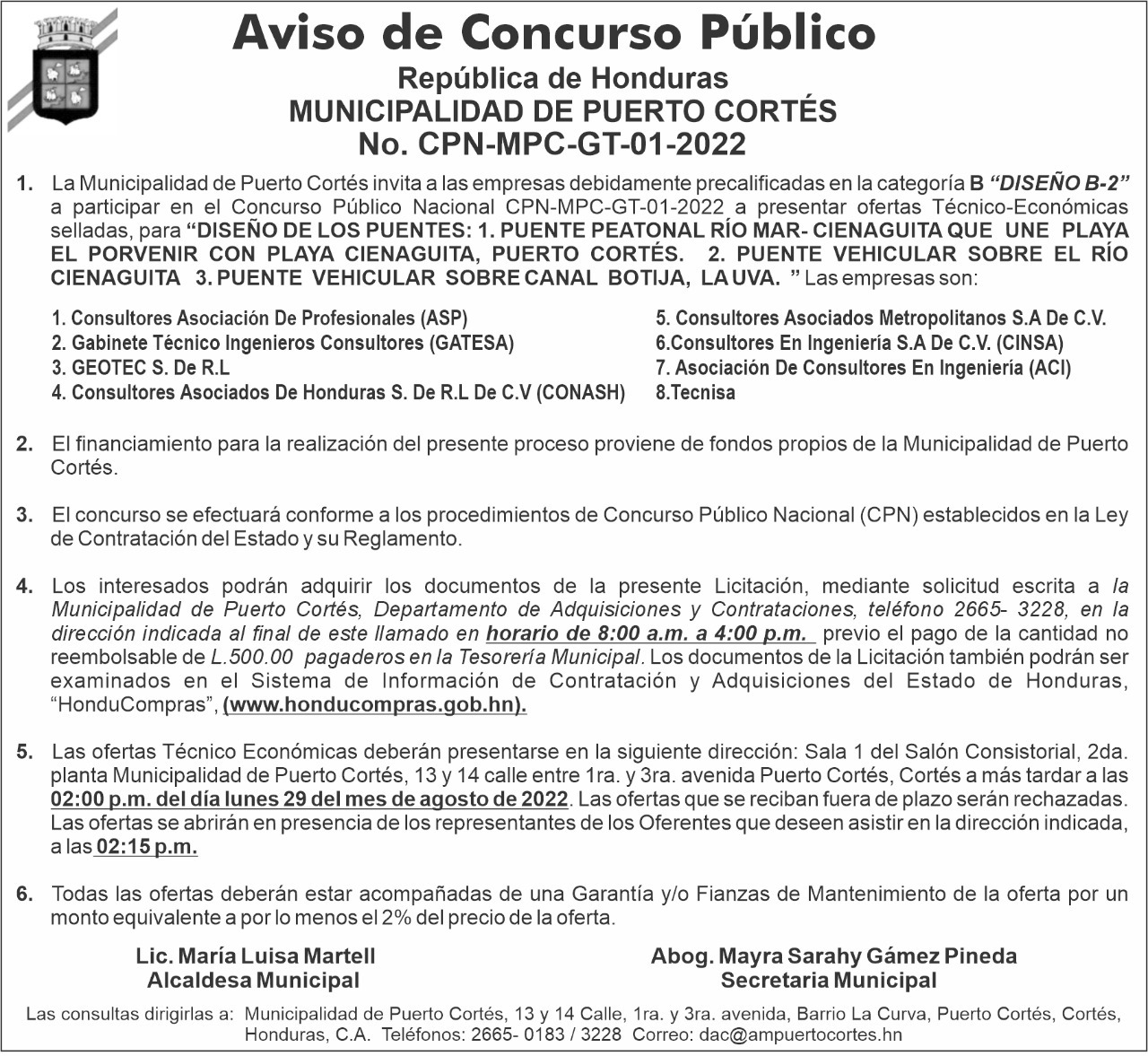 Aviso De LicitaciÓn PÚblica ‟ DiseÑo De Los Puentes Municipalidad De Puerto Cortés 7689