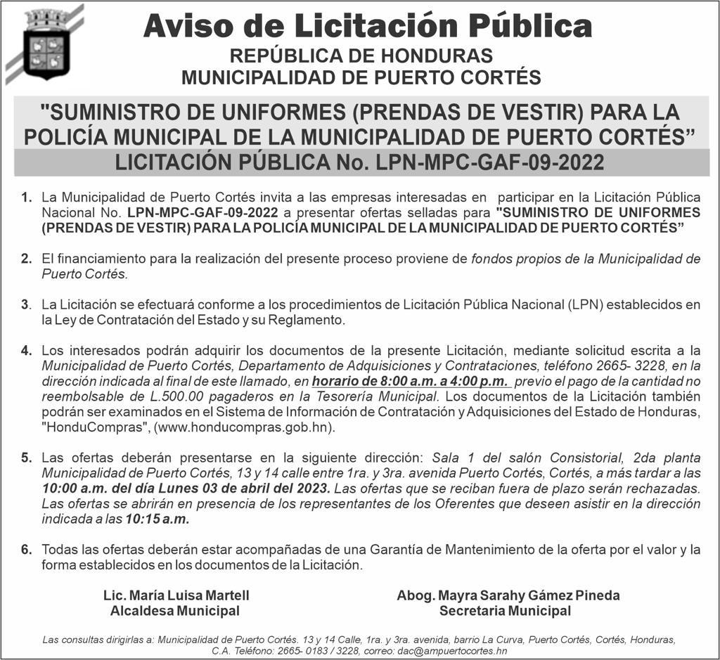 Aviso De Licitación Pública “suministro De Uniformes Prendas De Vestir Para La PolicÍa 8418