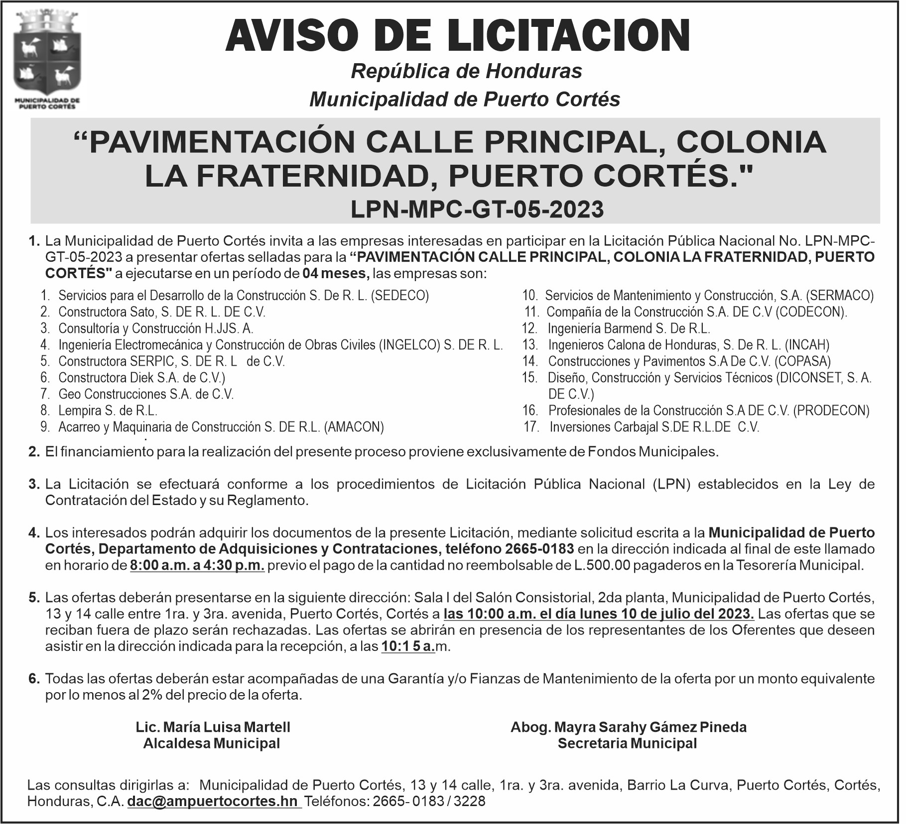 Aviso De LicitaciÓn Municipalidad De Puerto Cortés 8630