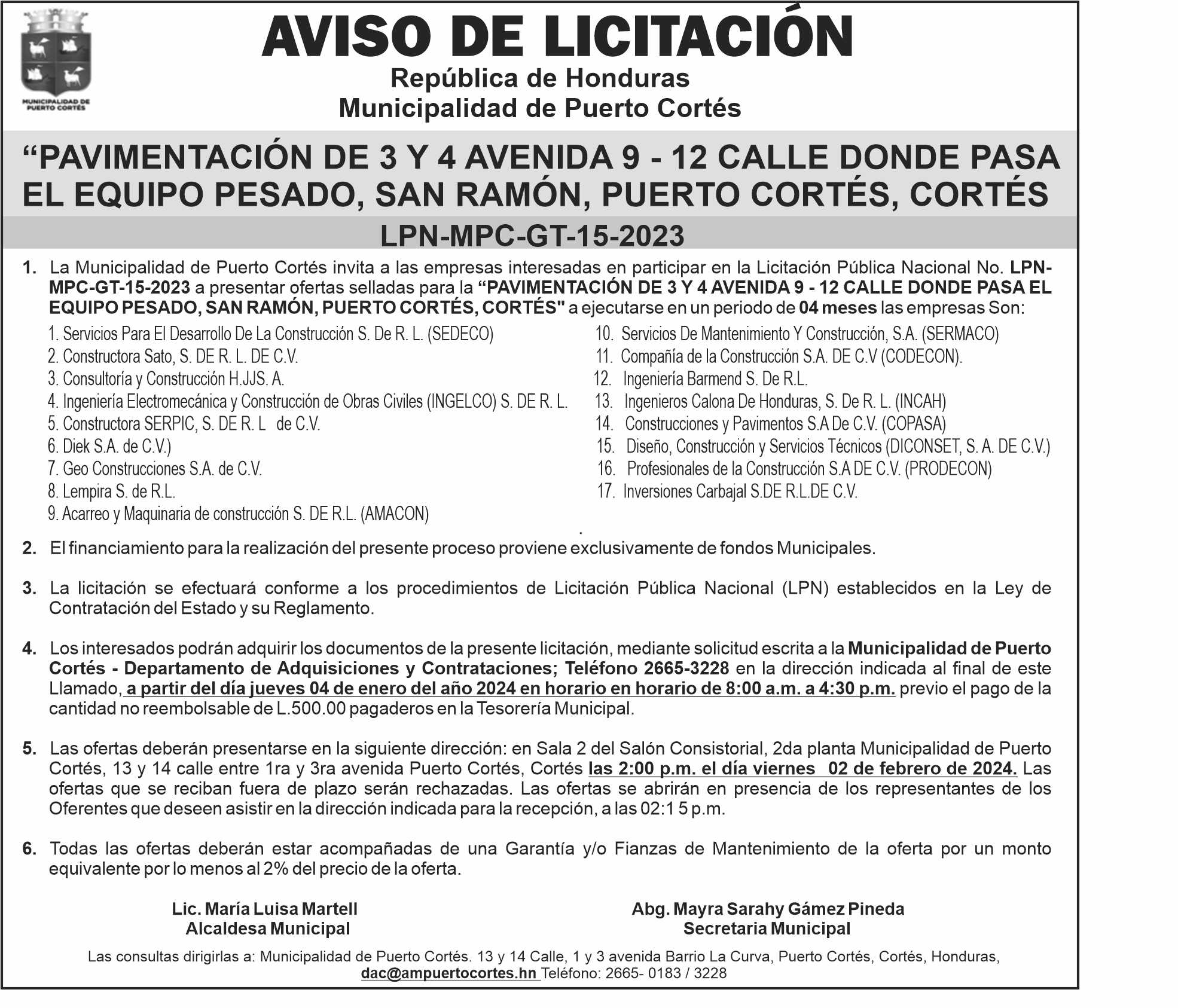 Aviso De LicitaciÓn PÚblica Nacional “rehabilitaciÓn Del Sistema De Alumbrado PÚblico Puerto 1154